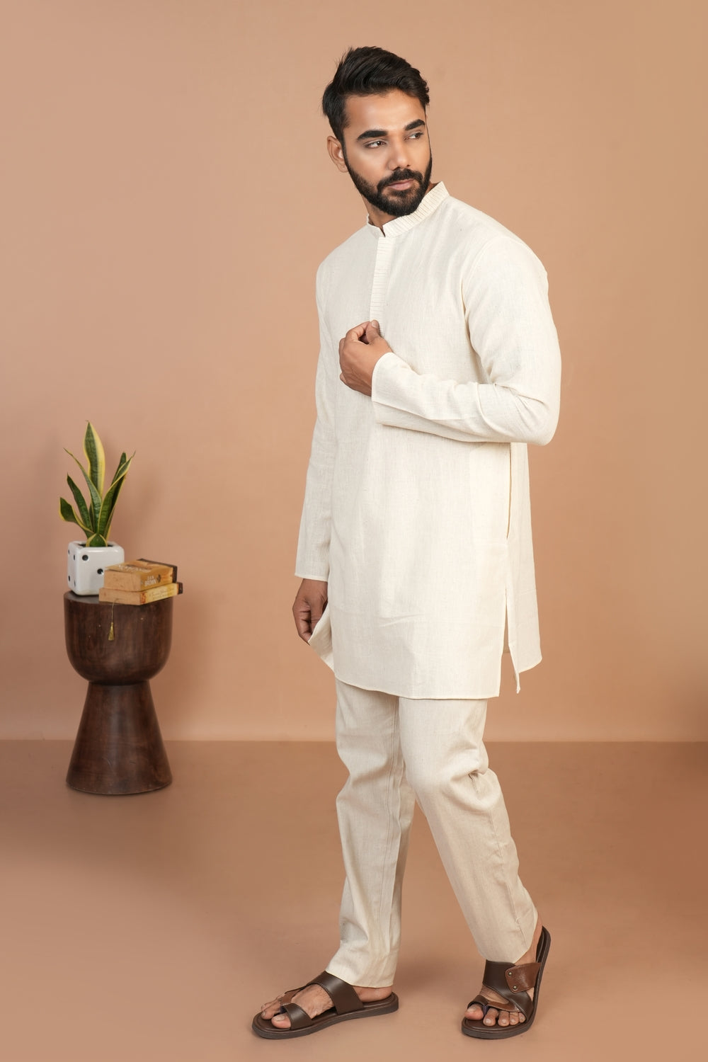 Handloom Kala Cotton Off-white Pintuck Detail Kurta