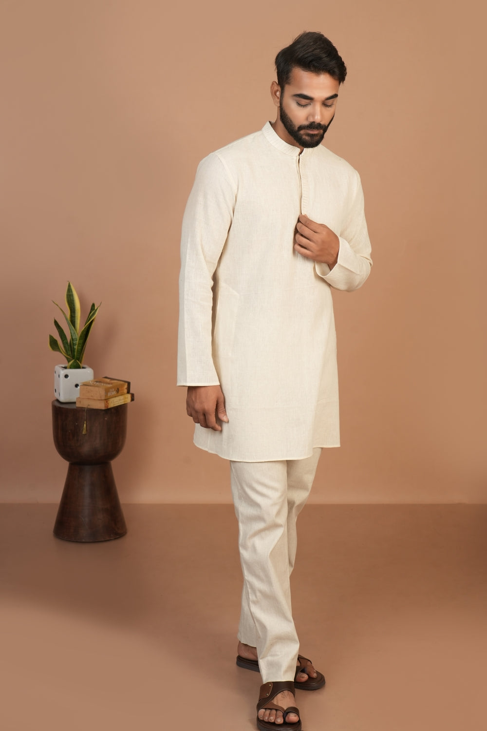 Handloom Kala Cotton Off-white Pintuck Detail Kurta