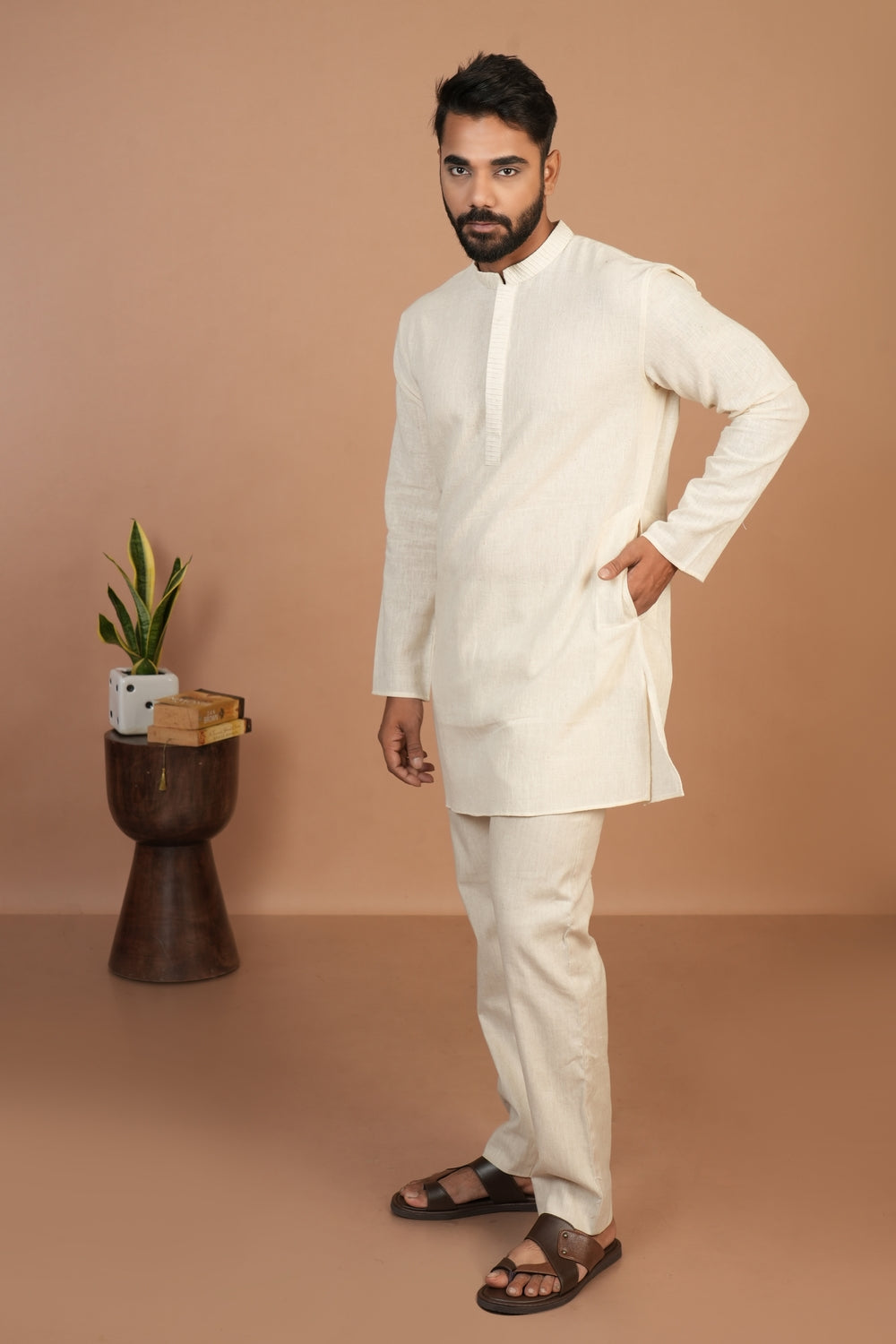 Handloom Kala Cotton Off-white Pintuck Detail Kurta