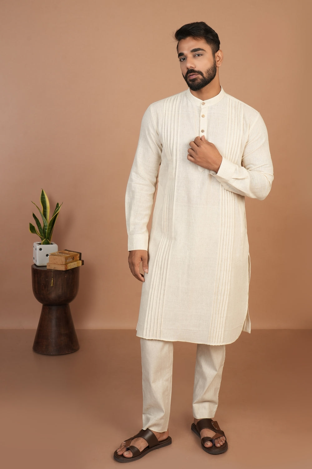 Handloom Kala Cotton Off-white Pleated Long Kurta