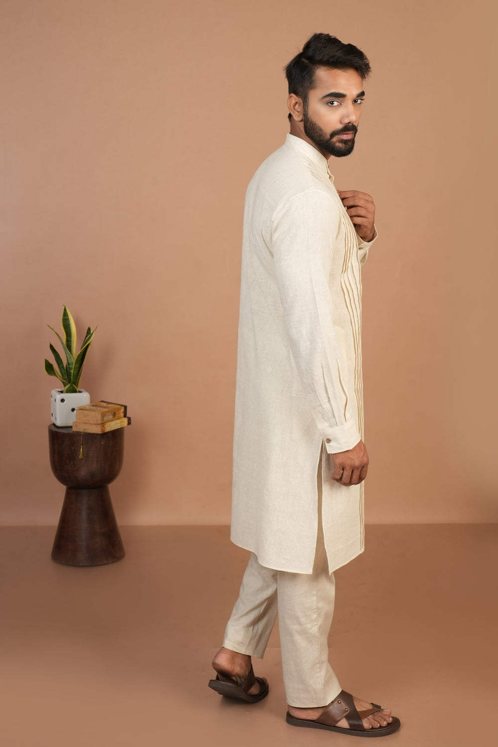 Handloom Kala Cotton Off-white Pleated Long Kurta