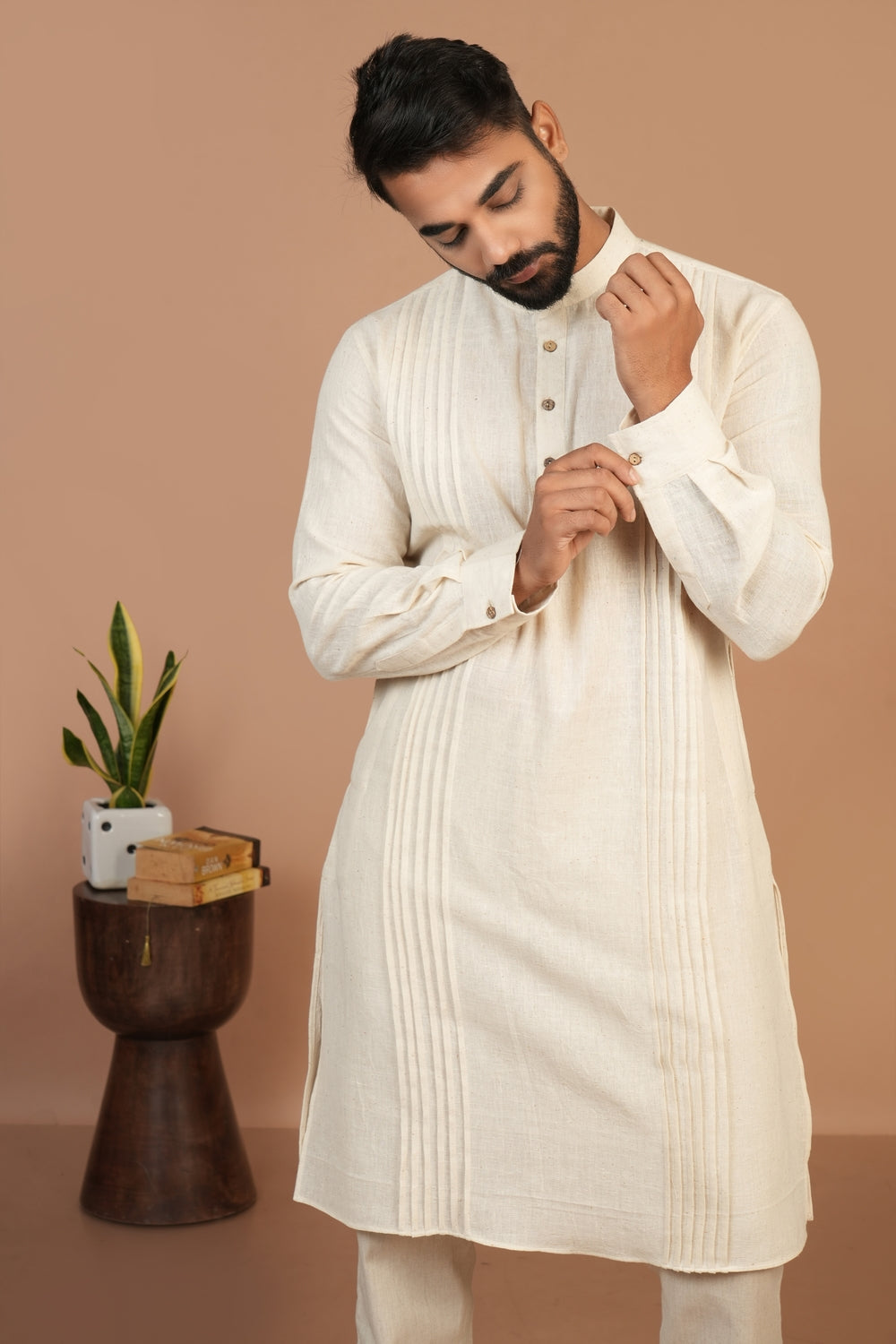 Handloom Kala Cotton Off-white Pleated Long Kurta