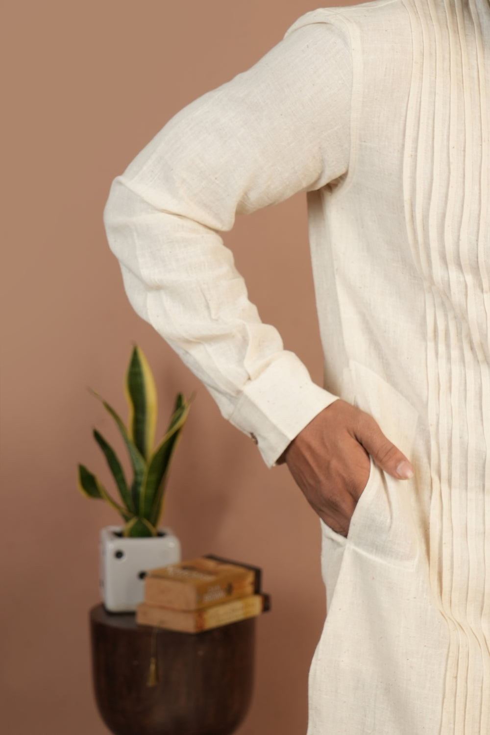 Handloom Kala Cotton Off-white Pleated Long Kurta