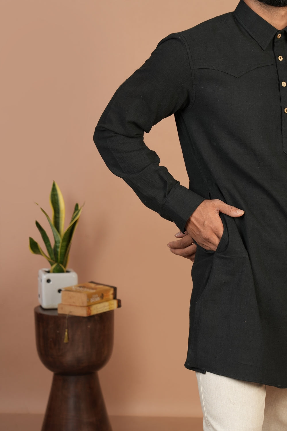 Handloom Kala Cotton Black Short Pathani Kurta