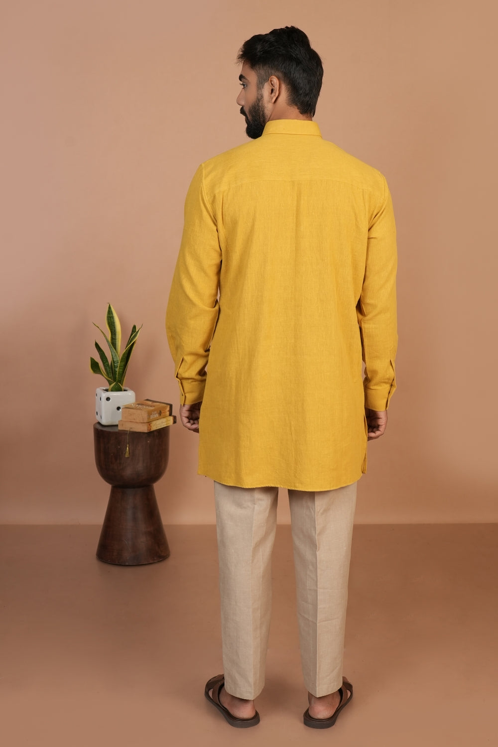 Handloom Kala Cotton Mustard Short Pathani Kurta