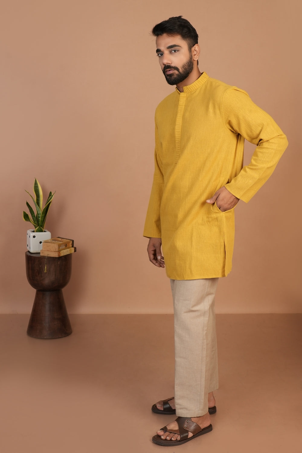 Handloom Kala Cotton Mustard Pintuck Detail Kurta