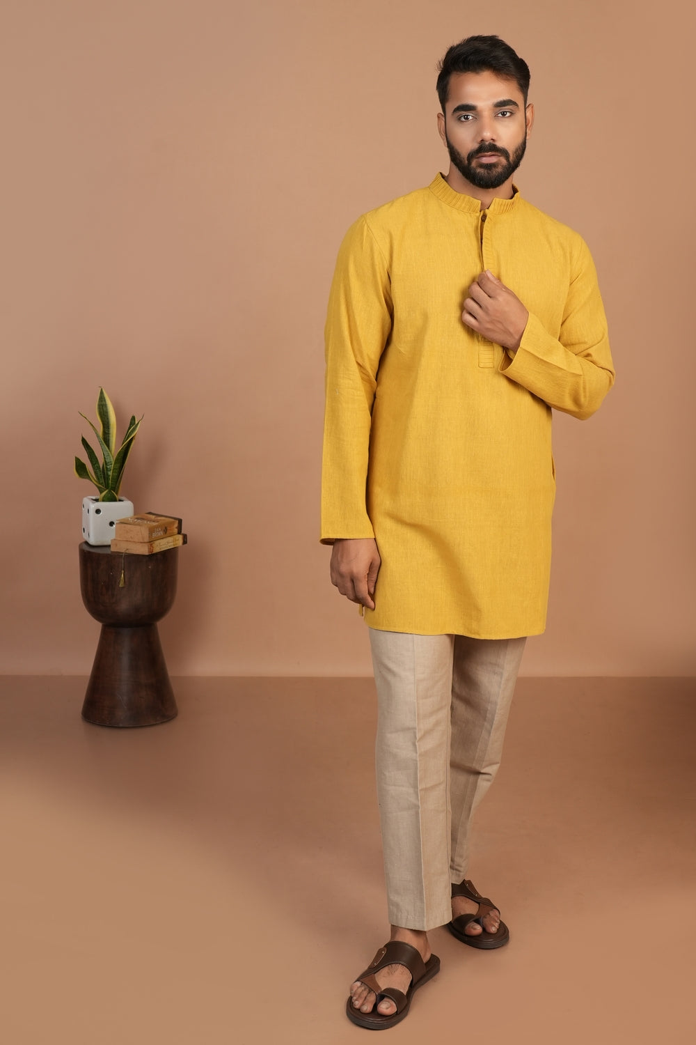 Handloom Kala Cotton Mustard Pintuck Detail Kurta
