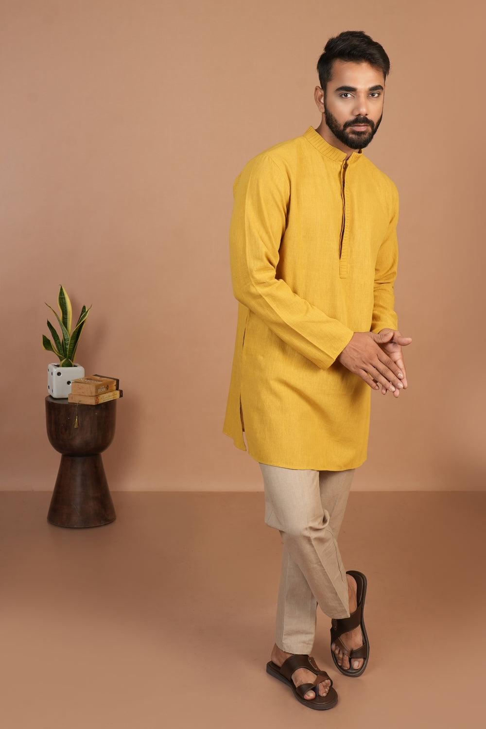 Handloom Kala Cotton Mustard Pintuck Detail Kurta