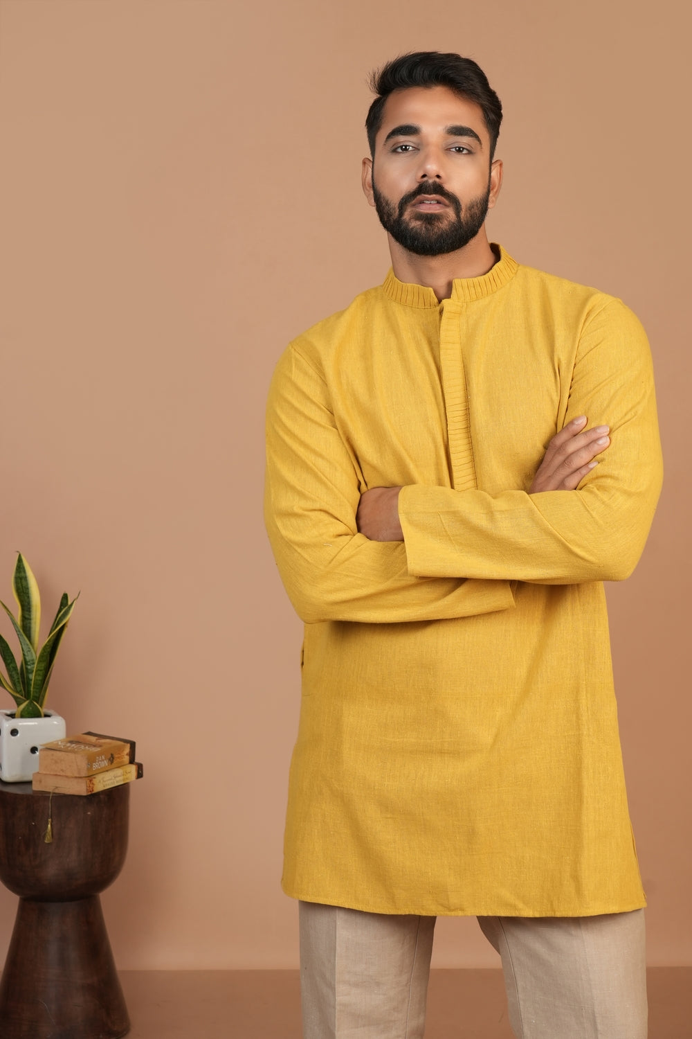 Handloom Kala Cotton Mustard Pintuck Detail Kurta