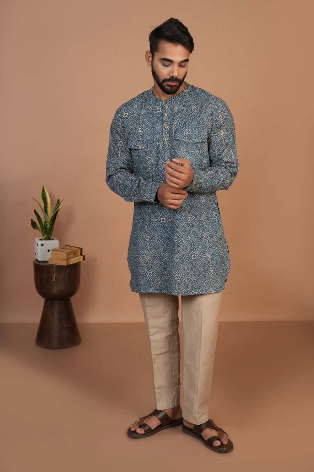 Hand Block Printed Ajrakh Clear Sky Everyday Basic Kurta