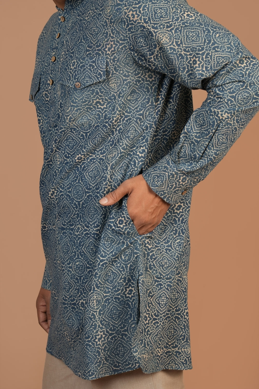 Hand Block Printed Ajrakh Clear Sky Everyday Basic Kurta