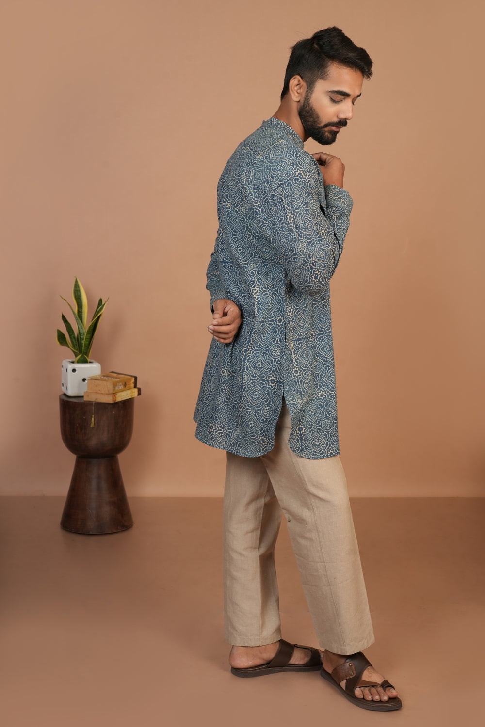 Hand Block Printed Ajrakh Clear Sky Everyday Basic Kurta