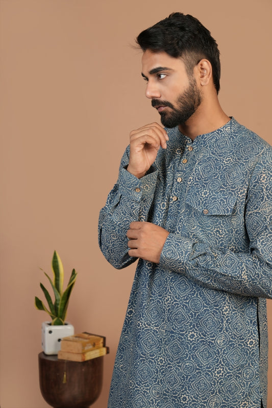 Hand Block Printed Ajrakh Clear Sky Everyday Basic Kurta