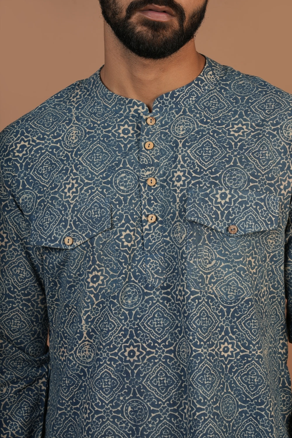 Hand Block Printed Ajrakh Clear Sky Everyday Basic Kurta
