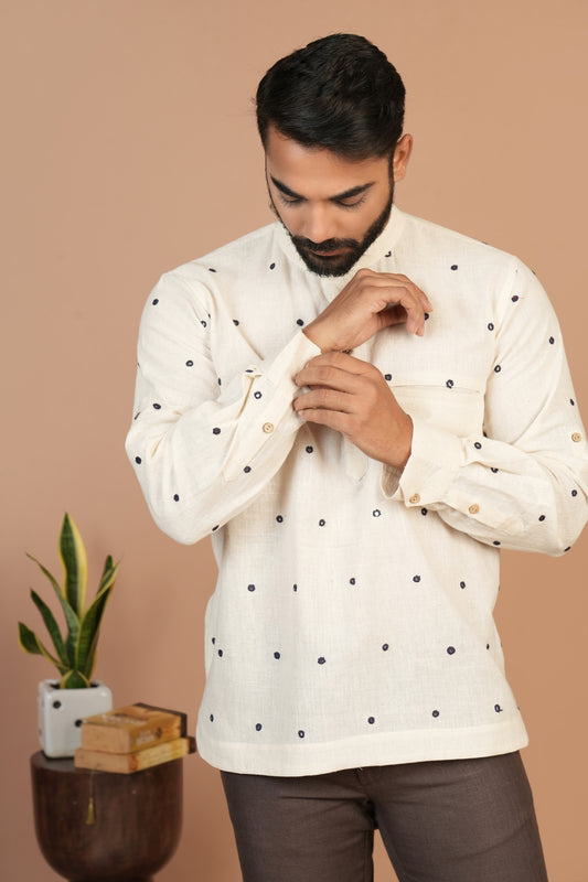 Kala Cotton Kutchi Mirror Work Off-white Popover Shirt