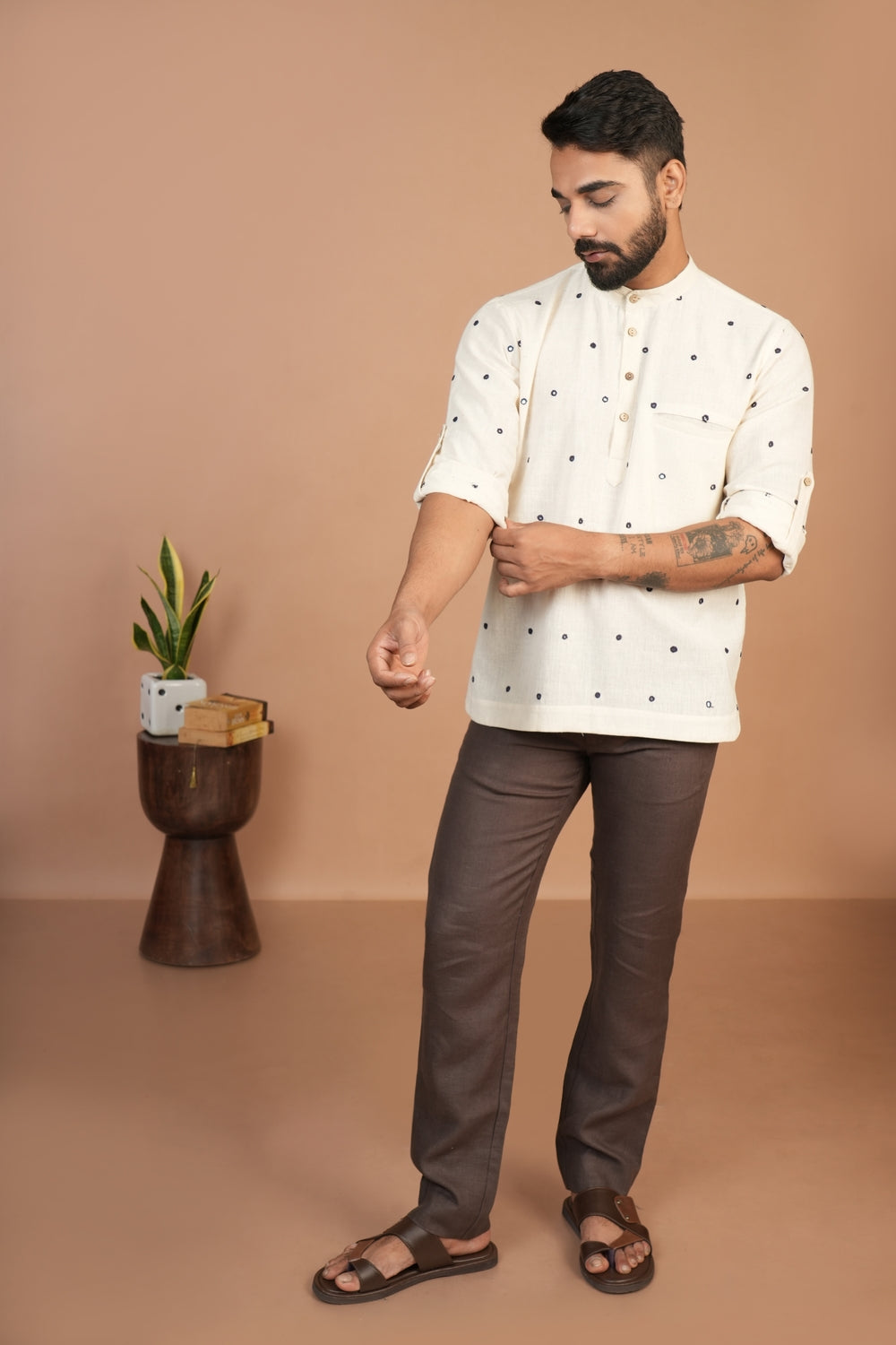 Kala Cotton Kutchi Mirror Work Off-white Popover Shirt