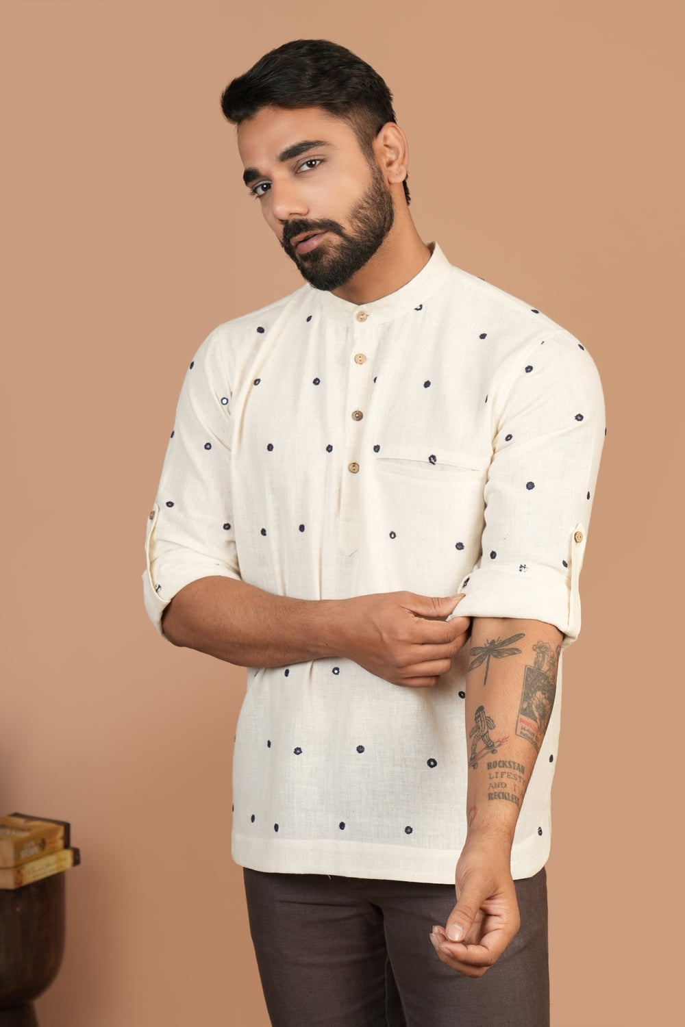 Kala Cotton Kutchi Mirror Work Off-white Popover Shirt