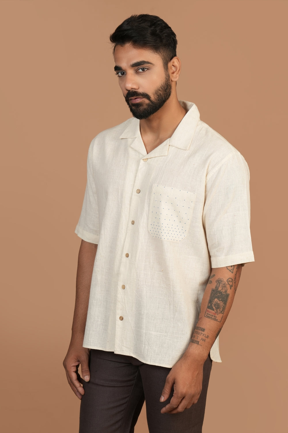 Handloom Off-white Shirt with Blue Tangaliya Dots Pocket