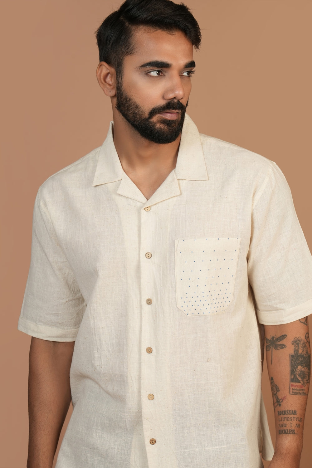 Handloom Off-white Shirt with Blue Tangaliya Dots Pocket