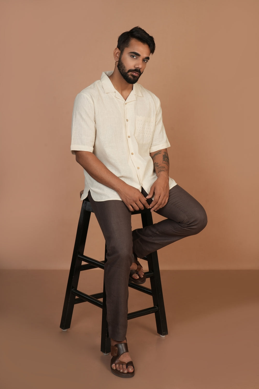 Handloom Off-white Shirt with Blue Tangaliya Dots Pocket