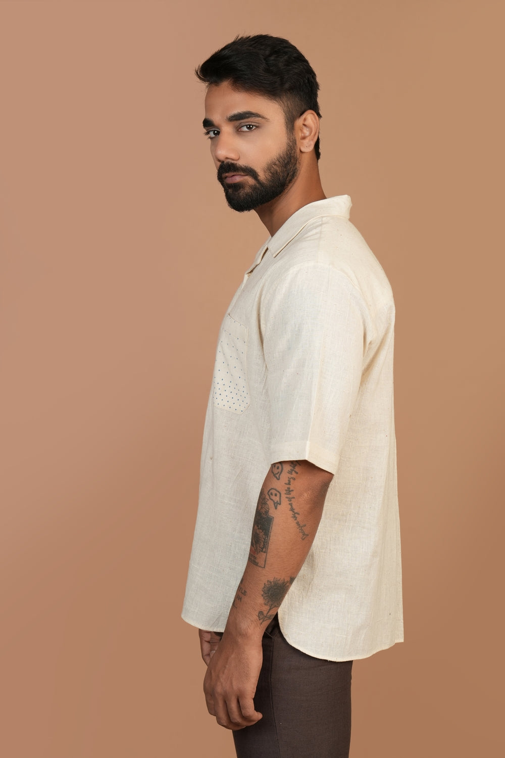 Handloom Off-white Shirt with Blue Tangaliya Dots Pocket