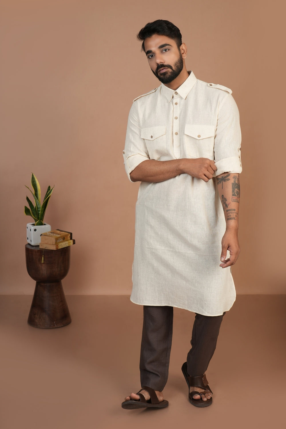 Handloom Kala Cotton Off-white Pathani Kurta