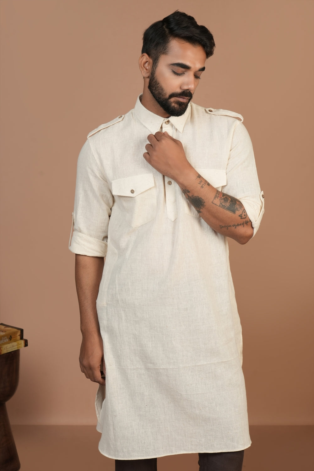 Handloom Kala Cotton Off-white Pathani Kurta