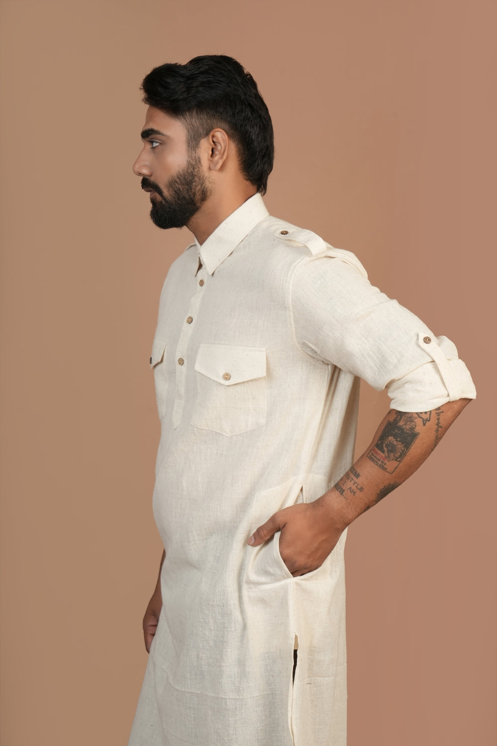 Handloom Kala Cotton Off-white Pathani Kurta