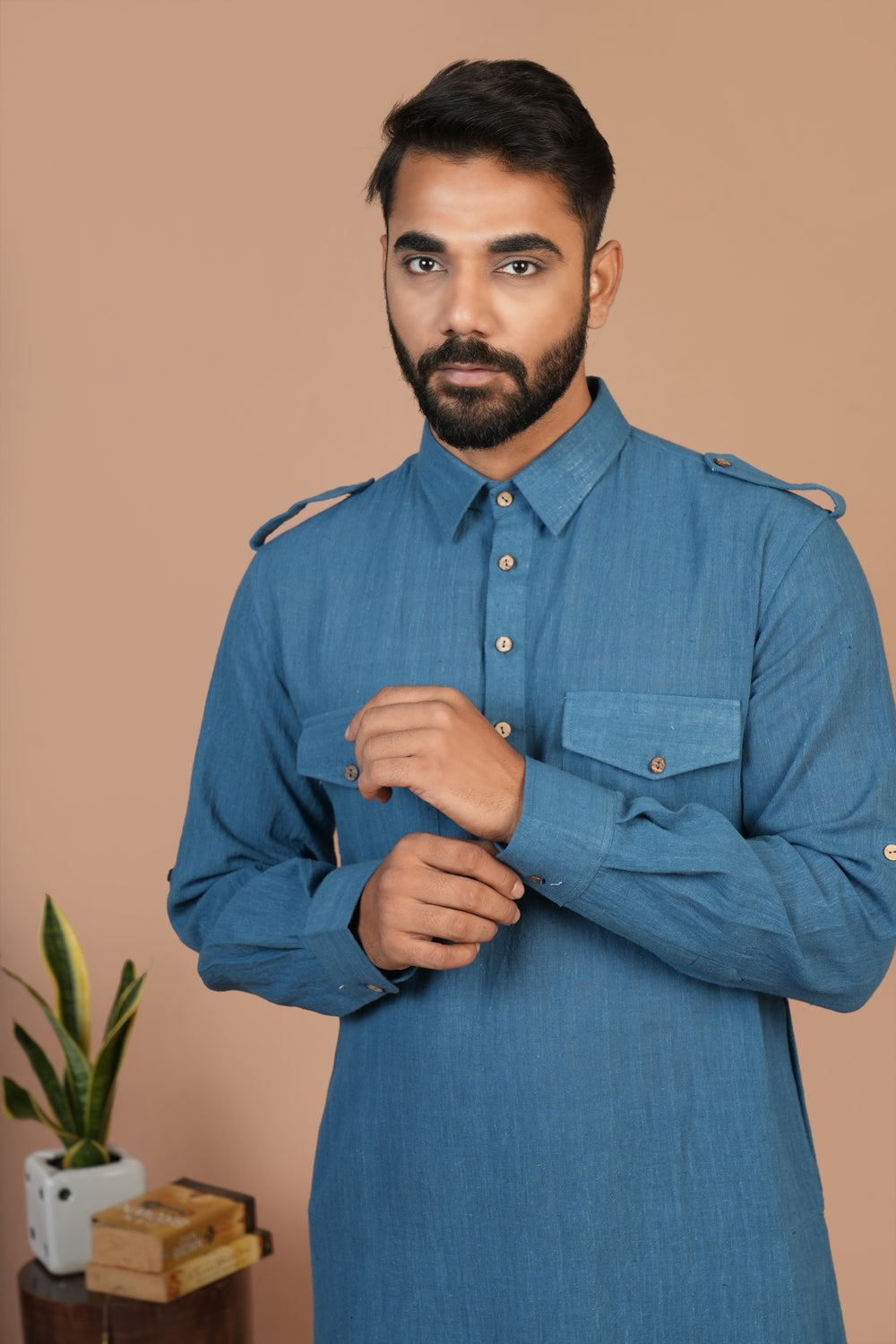 Handloom Kala Cotton Earthy Blue Pathani Kurta