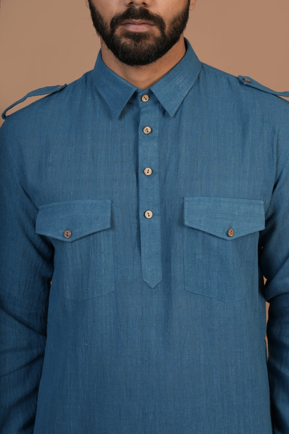 Handloom Kala Cotton Earthy Blue Pathani Kurta