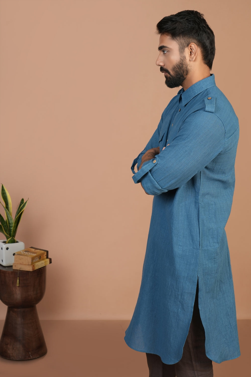 Handloom Kala Cotton Earthy Blue Pathani Kurta