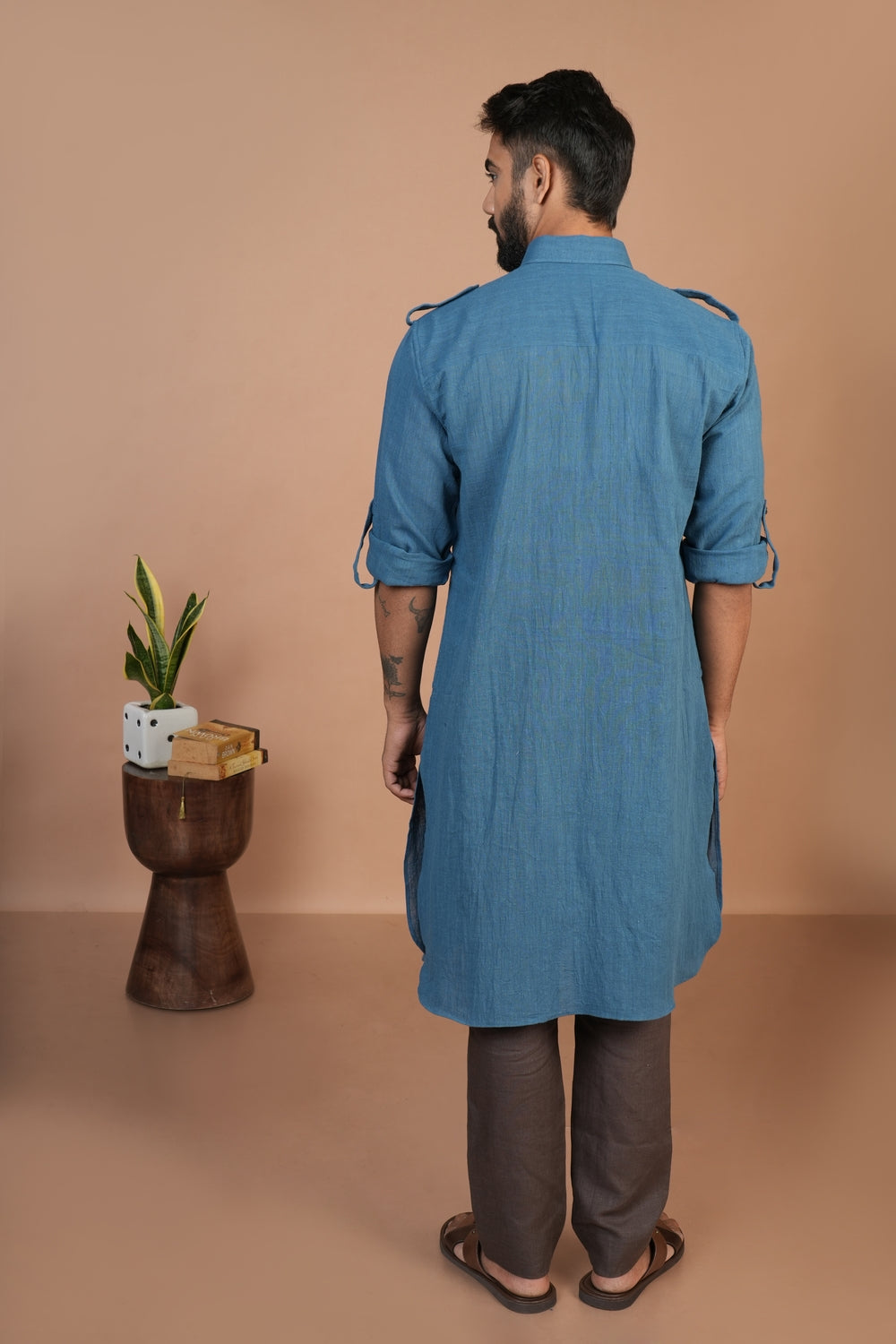 Handloom Kala Cotton Earthy Blue Pathani Kurta