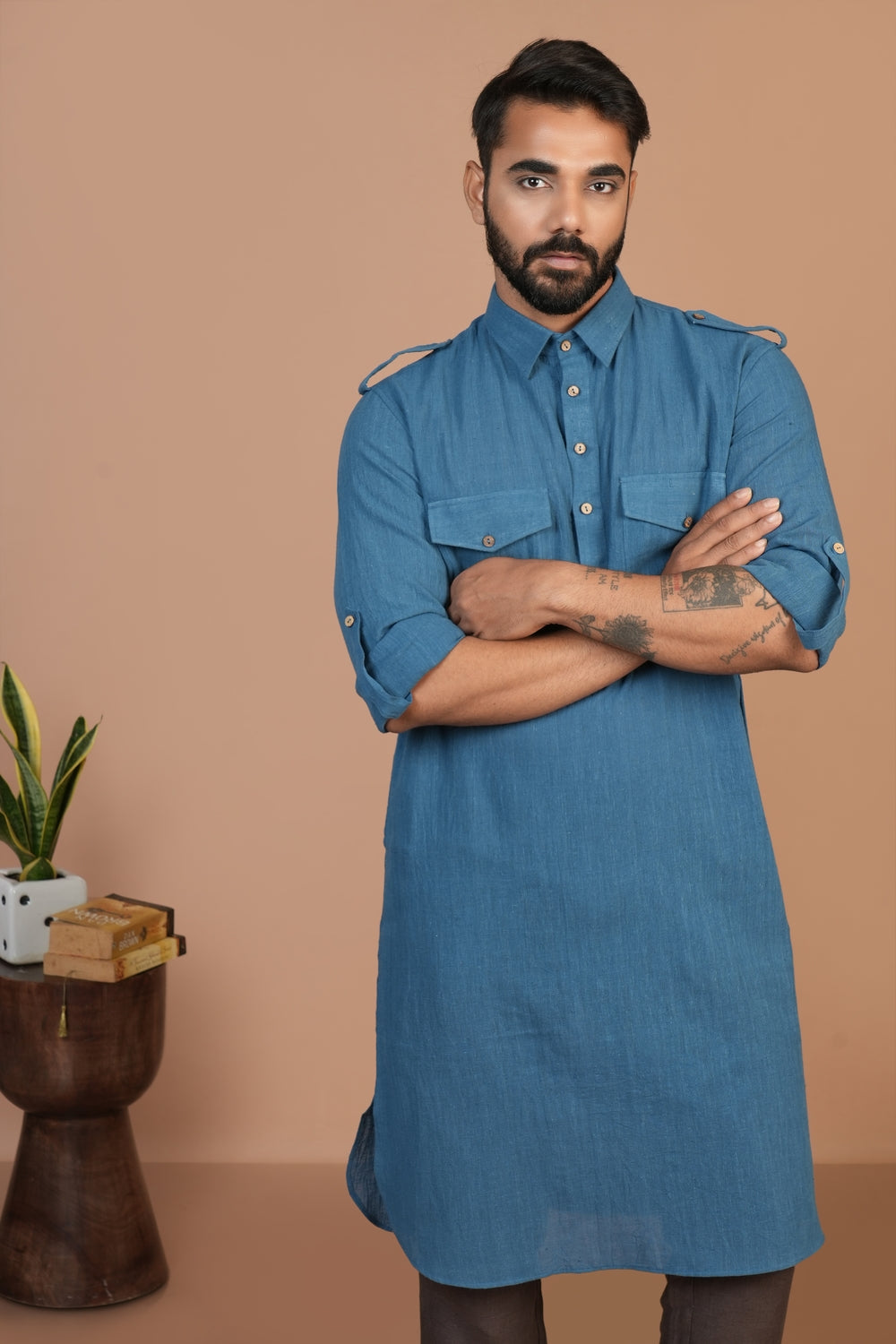 Handloom Kala Cotton Earthy Blue Pathani Kurta