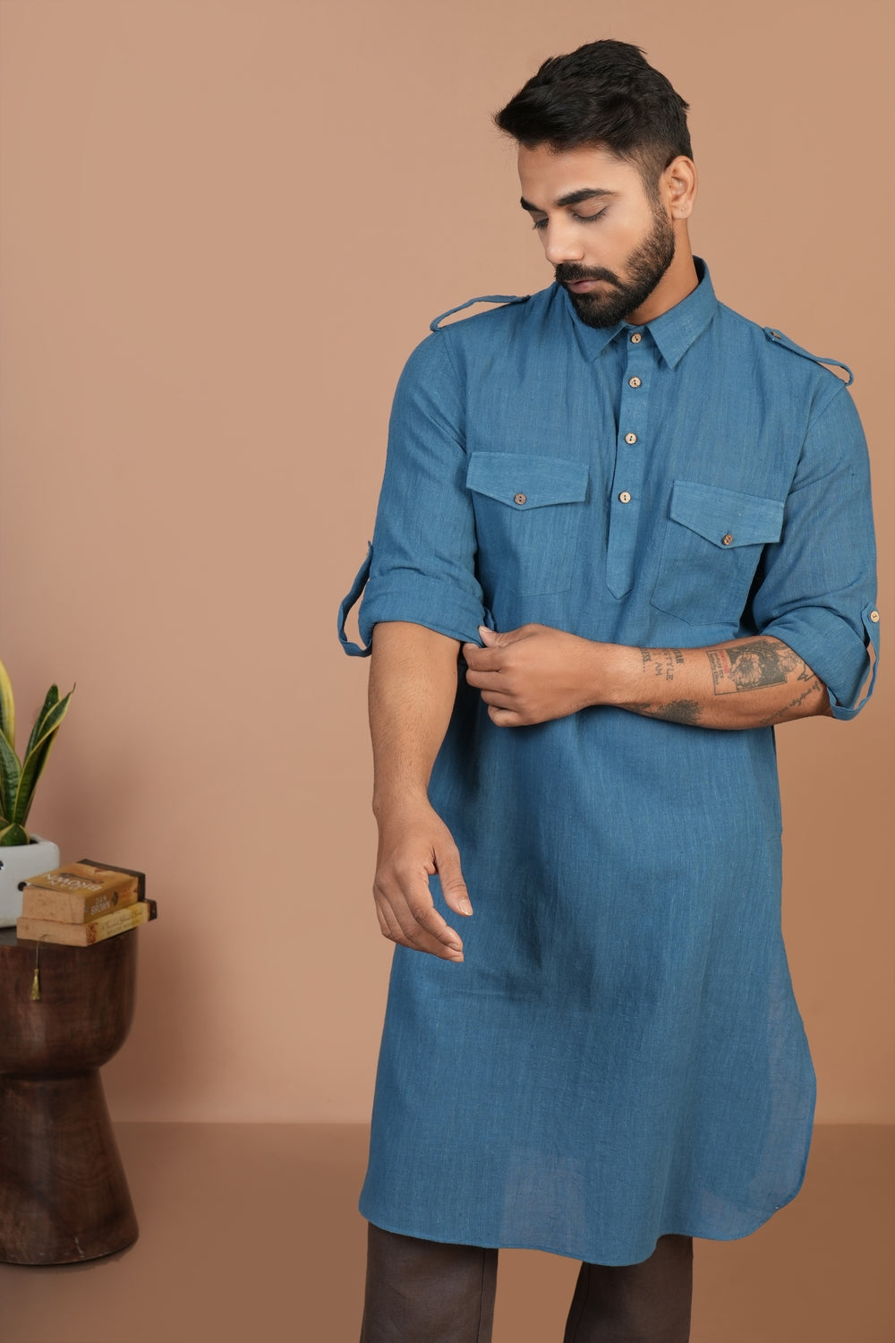 Handloom Kala Cotton Earthy Blue Pathani Kurta