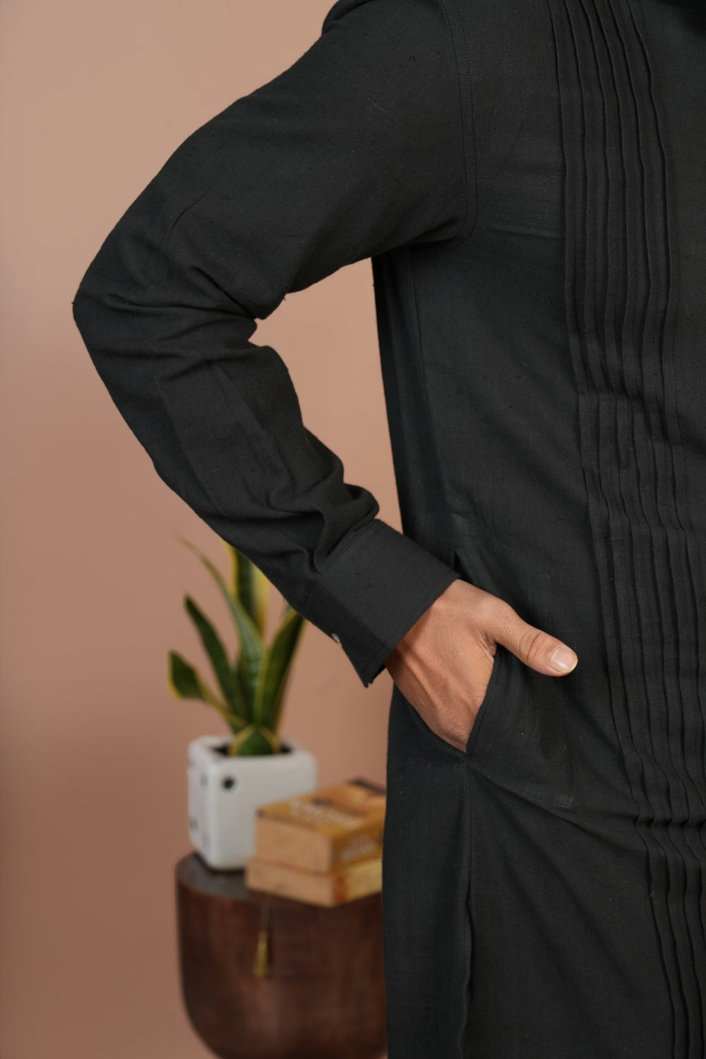 Handloom Kala Cotton Black Pleated Long Kurta