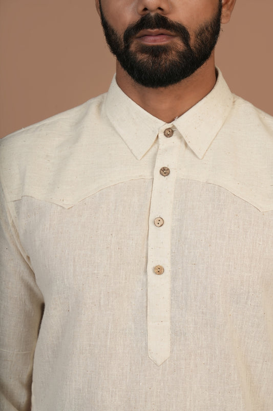 Handloom Kala Cotton Off-white Short Pathani Kurta