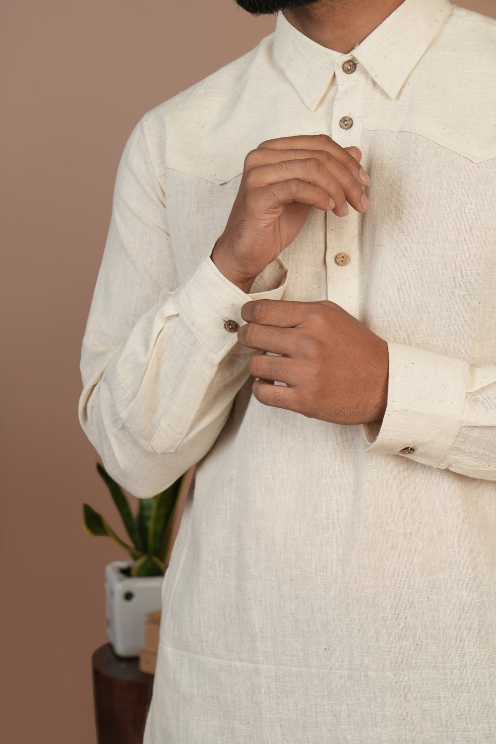 Handloom Kala Cotton Off-white Short Pathani Kurta