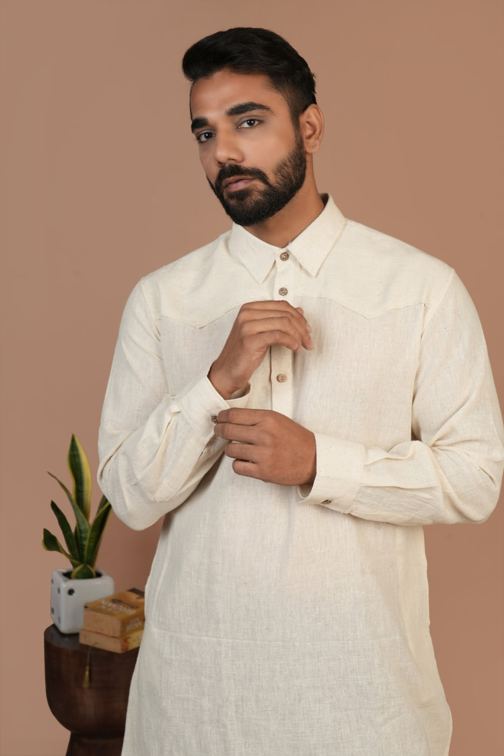 Handloom Kala Cotton Off-white Short Pathani Kurta