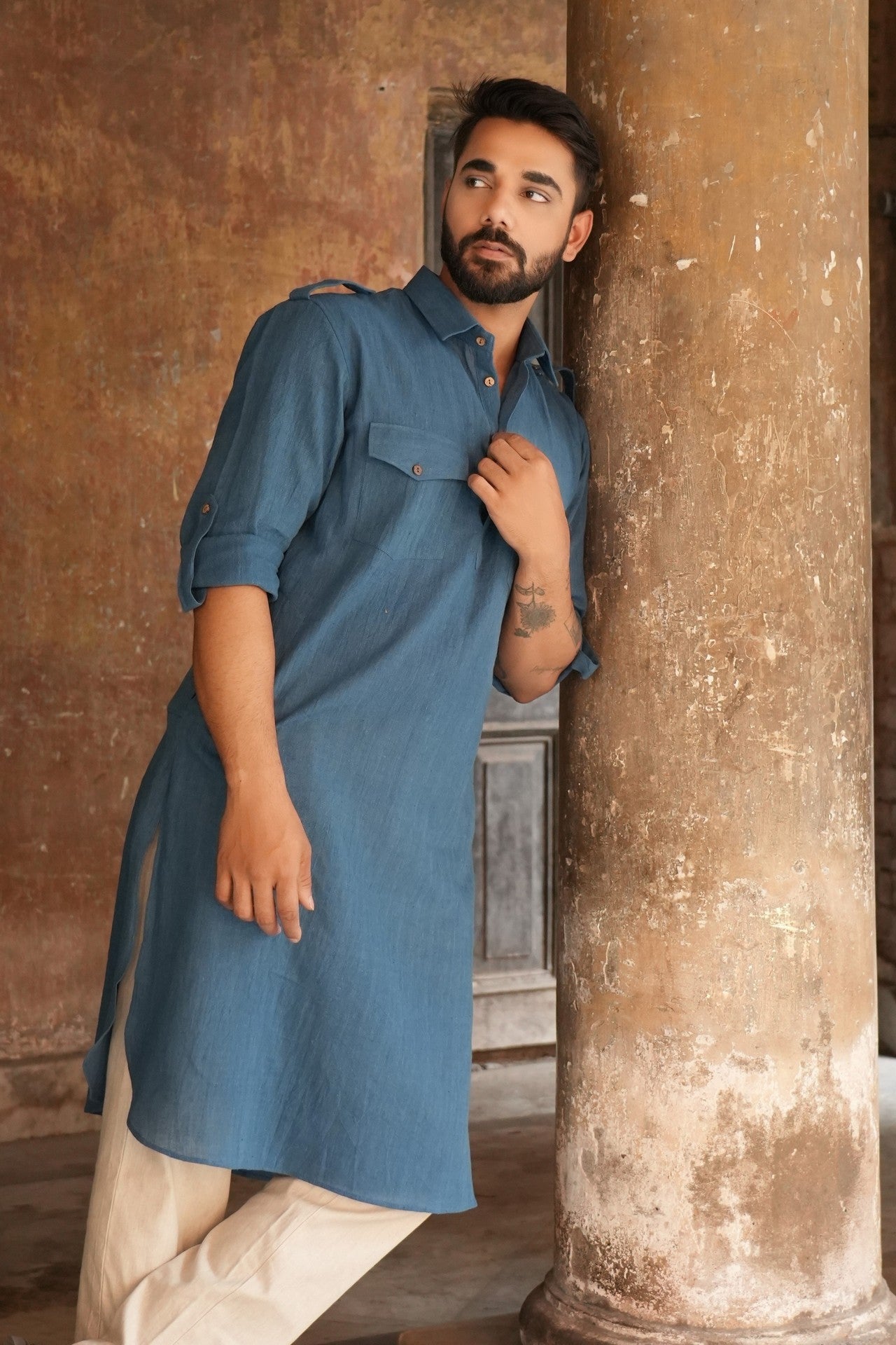Handloom Kala Cotton Earthy Blue Pathani Kurta