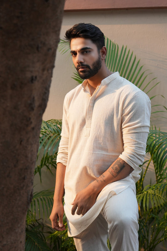 Handloom Kala Cotton Off-white Pintuck Detail Kurta
