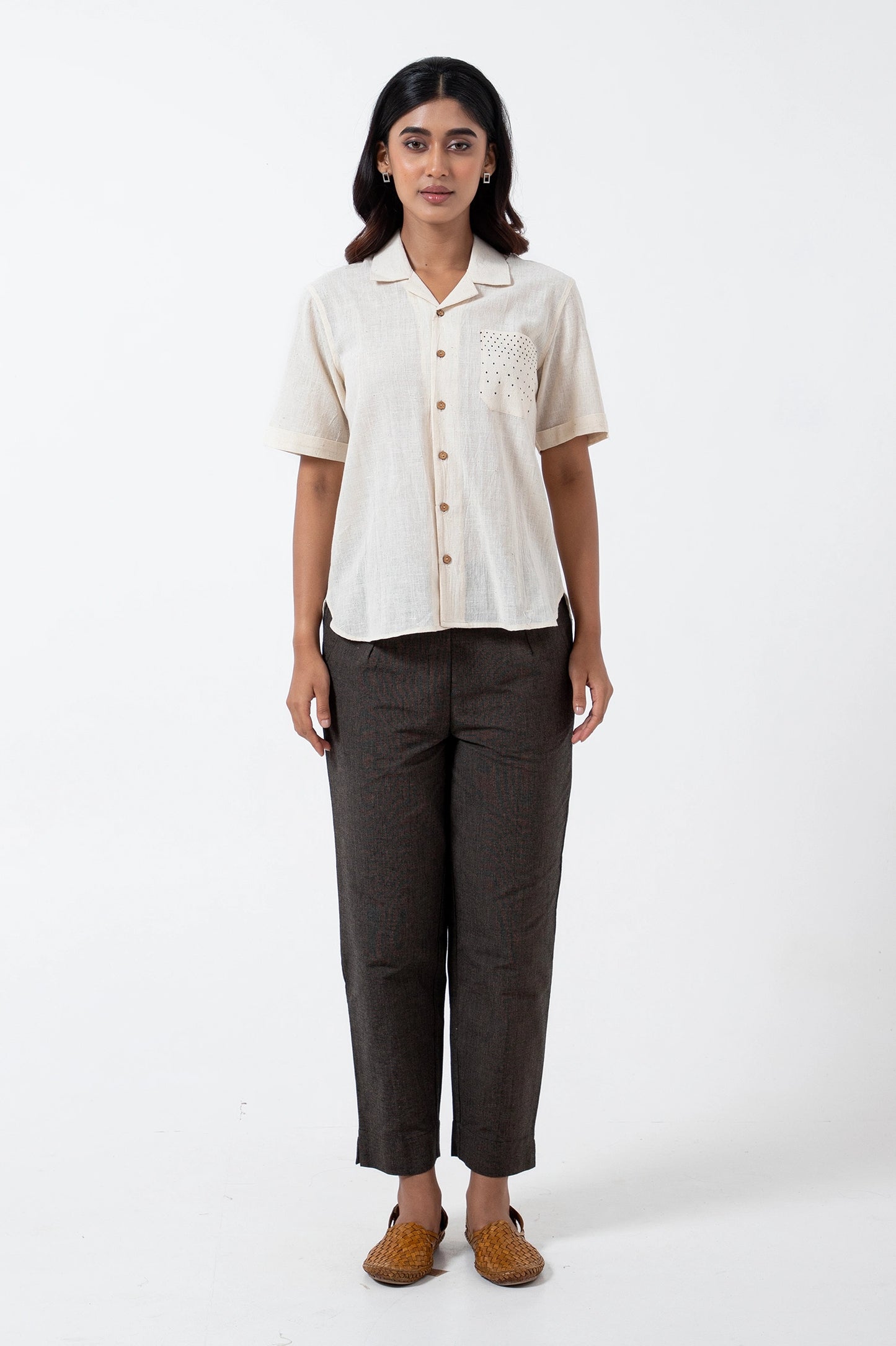 Kala Cotton Off-white Shirt with Black Tangaliya Dots Pocket