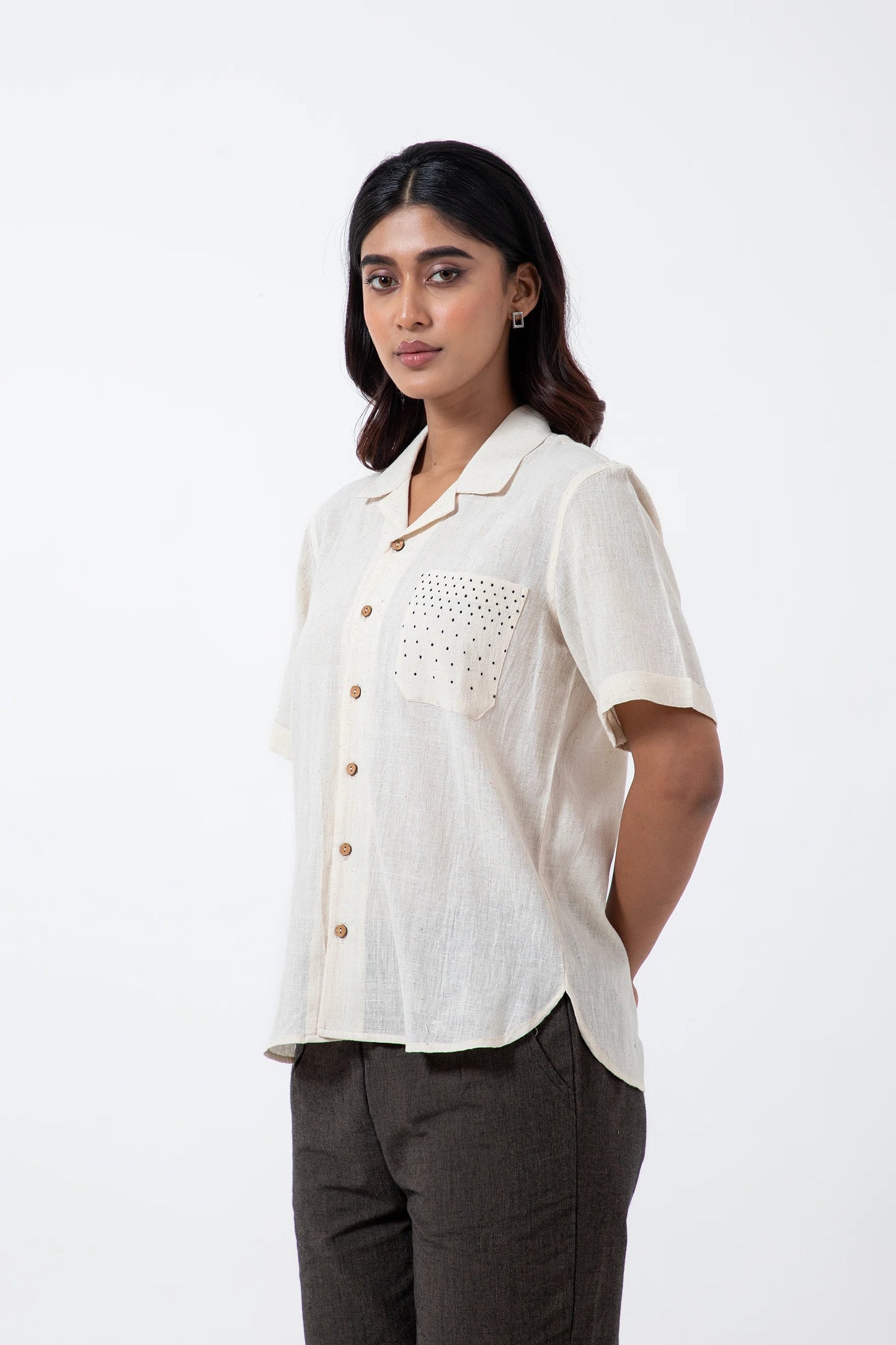 Kala Cotton Off-white Shirt with Black Tangaliya Dots Pocket