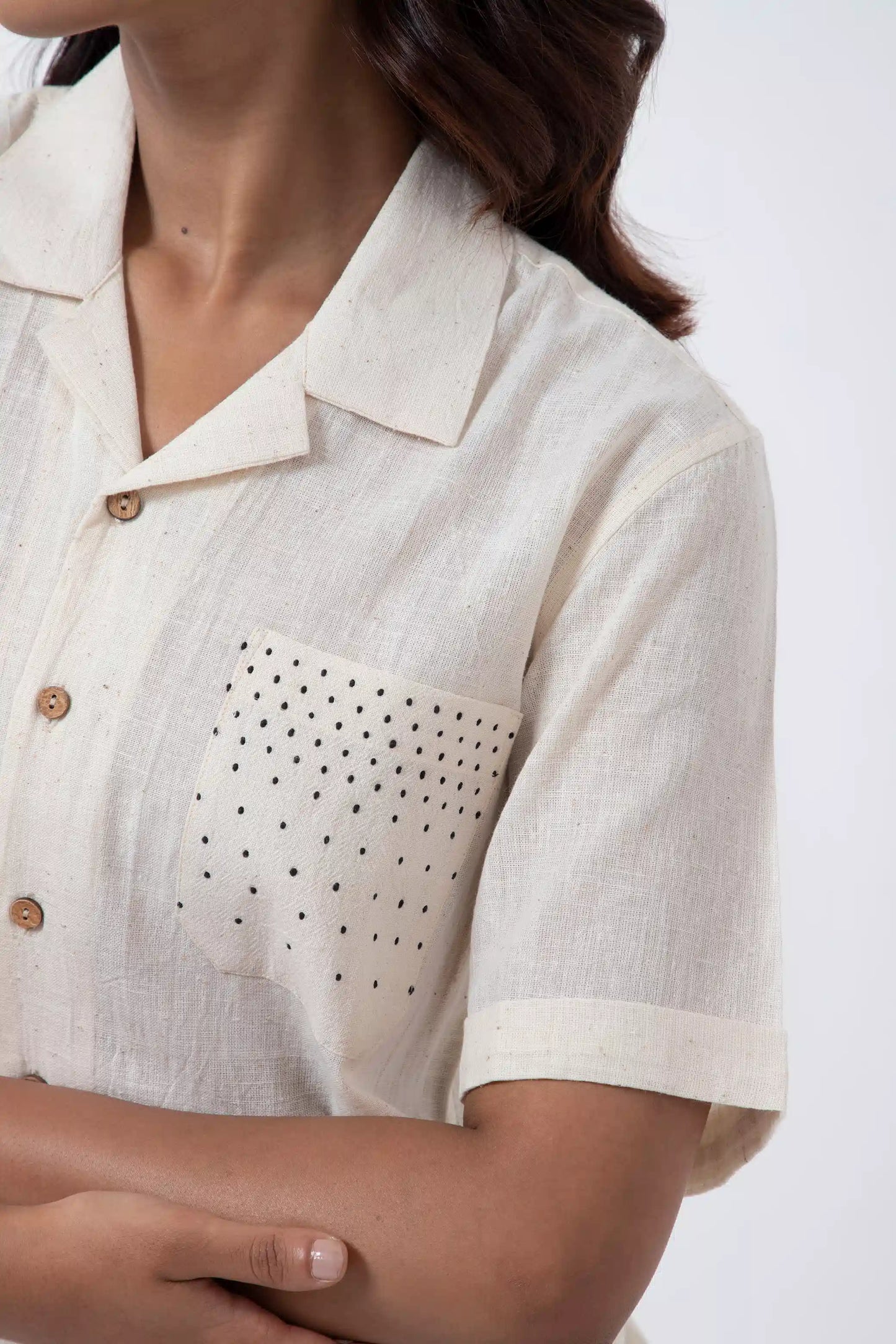 Kala Cotton Off-white Shirt with Black Tangaliya Dots Pocket