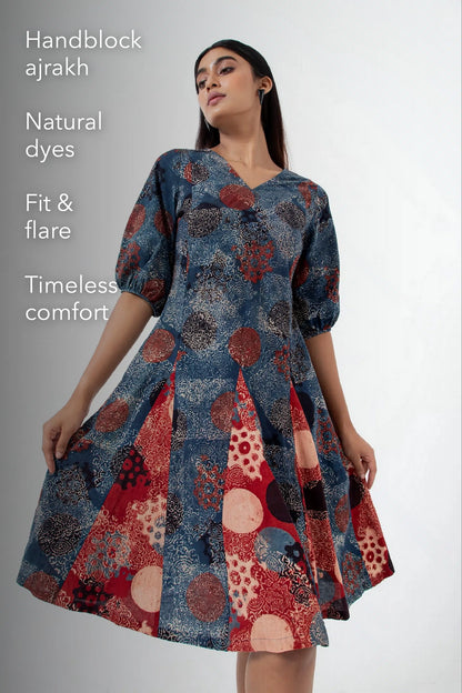 Block printed Indigo Swirl Dress