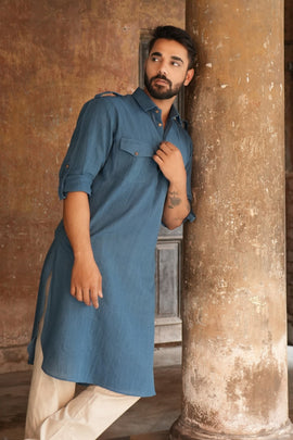 Handloom Kala Cotton Earthy Blue Pathani Kurta