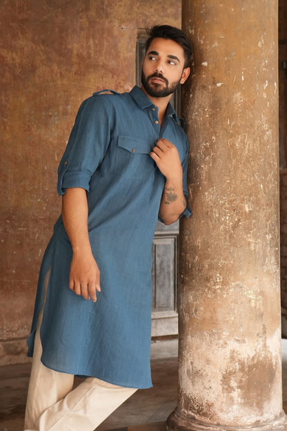 Handloom Kala Cotton Earthy Blue Pathani Kurta
