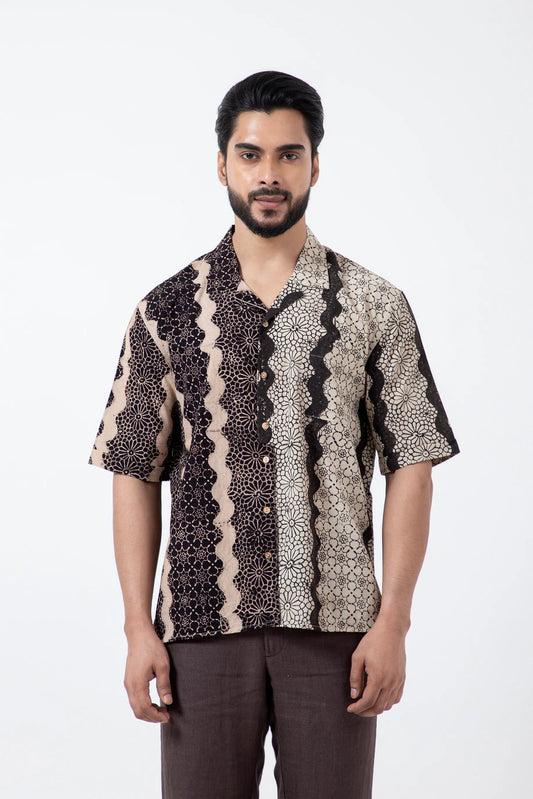 Block Printed Black Waves Holiday Formal Shirt