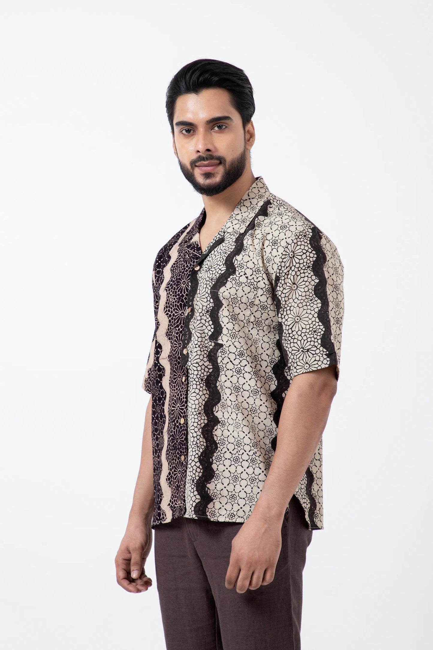 Block Printed Black Waves Holiday Formal Shirt