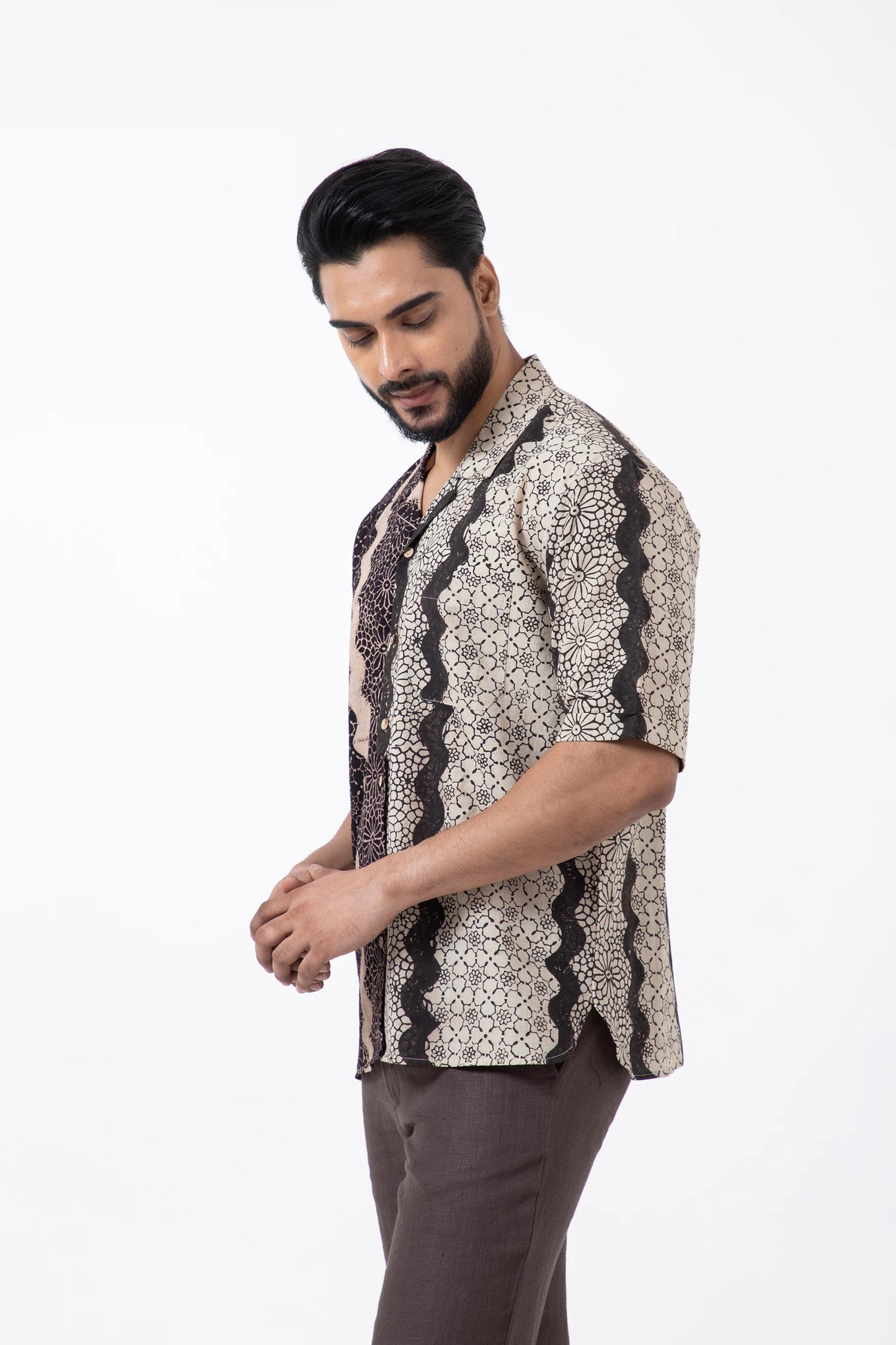 Block Printed Black Waves Holiday Formal Shirt