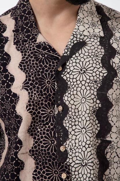 Block Printed Black Waves Holiday Formal Shirt